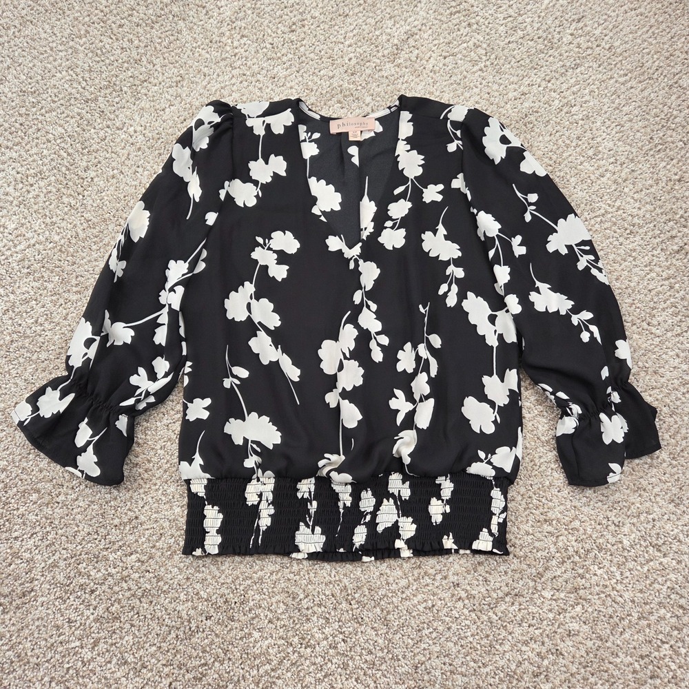 Philosophy Bohemian Black Floral Top Blouse Peasant Sleeve Smocked Hem Women's S